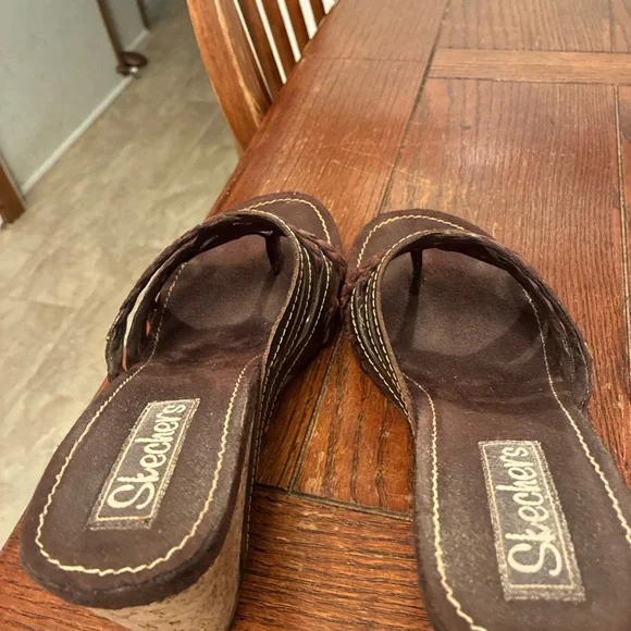 Skechers Leather Cork Wedge Sandals Women’s 10 Chocolate Suede Shoes - Picture 8 of 12